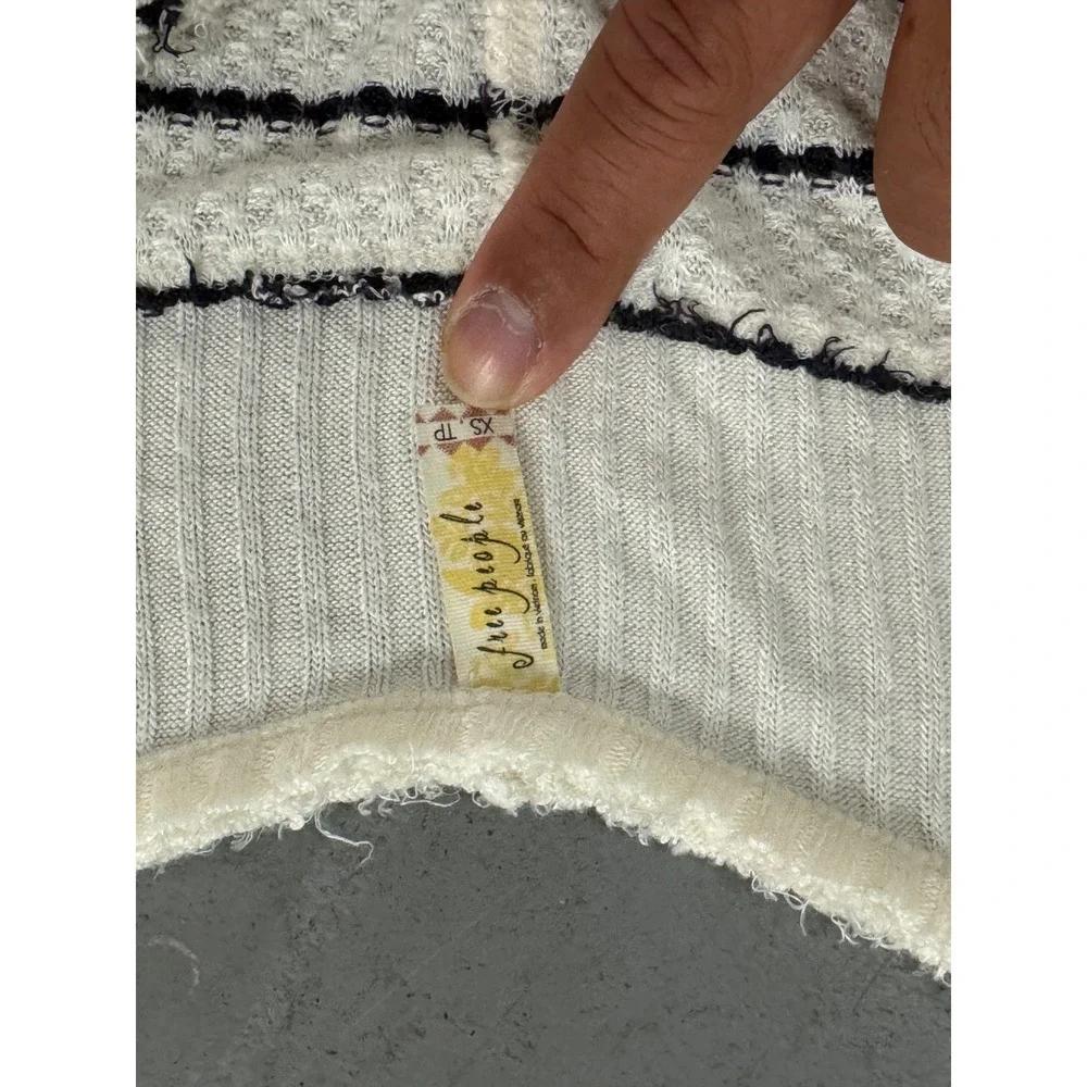 Free People We The Free Striped Thermal V-Neck Top Cream Black XS Waffle Knit